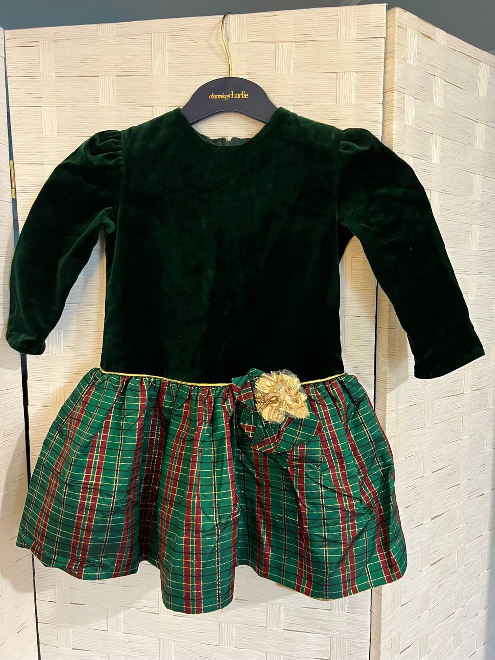 Girls Green Velvet and Plaid Holiday Dress with Gold Flower